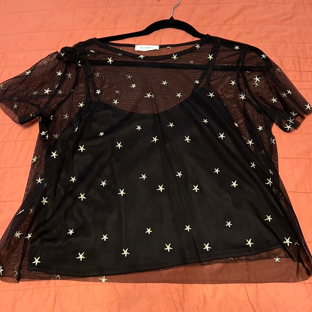 2 in 1 black mesh short sleeve cropped top - Picture 1 of 4